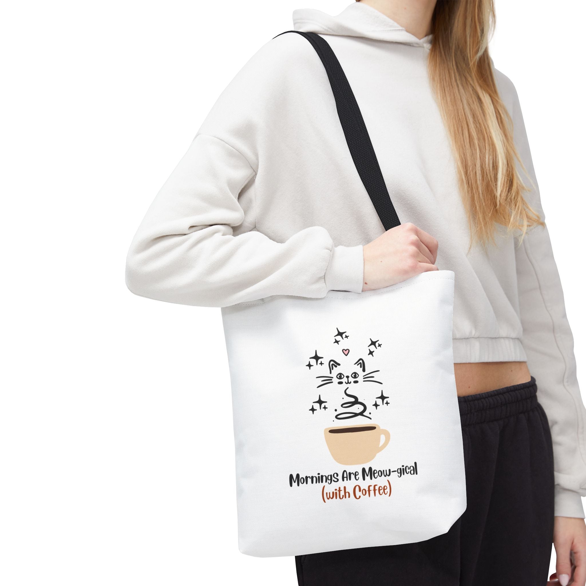Cat & Coffee Tote Bag — "Mornings Are Meow-gical (With Coffee)" Cute Cat Lover Grocery Tote