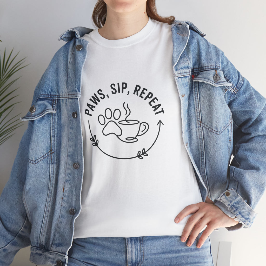 Paws, Sip, Repeat Unisex Tee - Gift for Cat Lovers and Coffee Enthusiasts