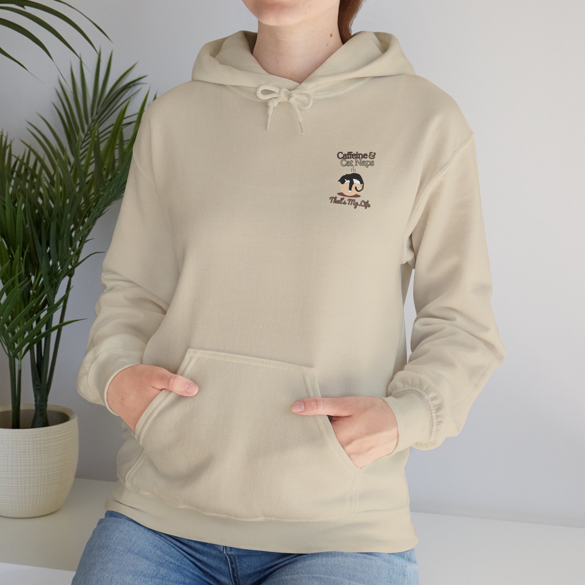 Caffeine & Cat Naps Hoodie — "Caffeine and Cat Naps, That's My Life." Cozy Cat Lover Sweatshirt