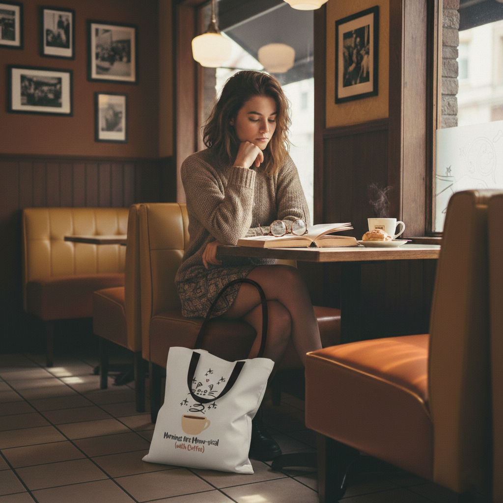Cat & Coffee Tote Bag — "Mornings Are Meow-gical (With Coffee)" Cute Cat Lover Grocery Tote