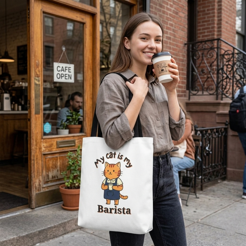 Cat Barista Tote Bag — "My Cat Is My Barista" Cute Coffee Lover Canvas Tote