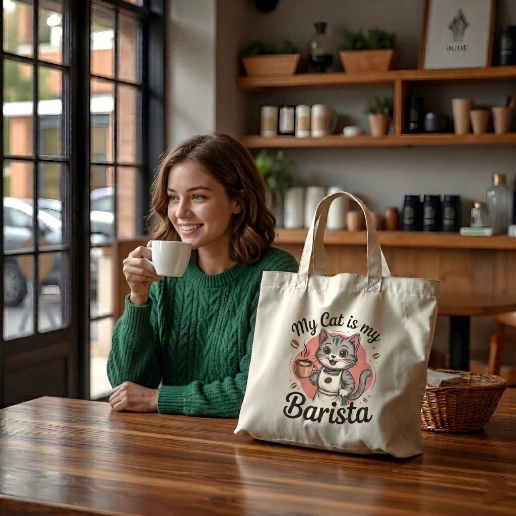 Canvas Tote — "My Cat Is My Barista" Cute Cat Coffee Tote Bag