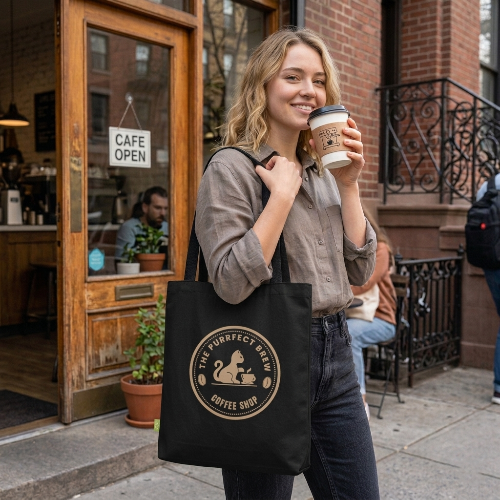 The Purrfect Brew Coffee Shop Organic Tote Bag