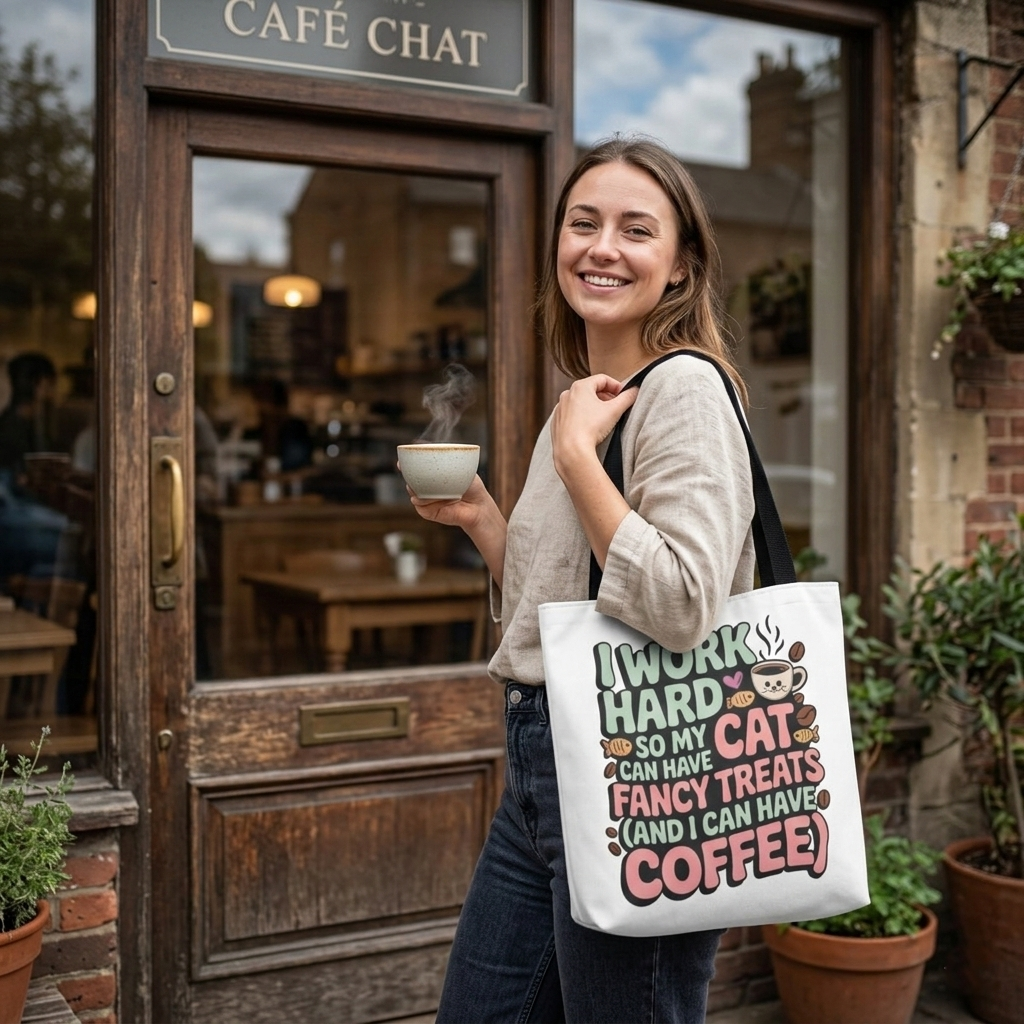I Work Hard So My Cat Can Have Fancy Treats (And I Can Have Coffee) Tote Bag