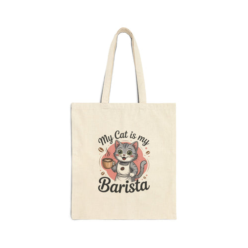Canvas Tote — "My Cat Is My Barista" Cute Cat Coffee Tote Bag