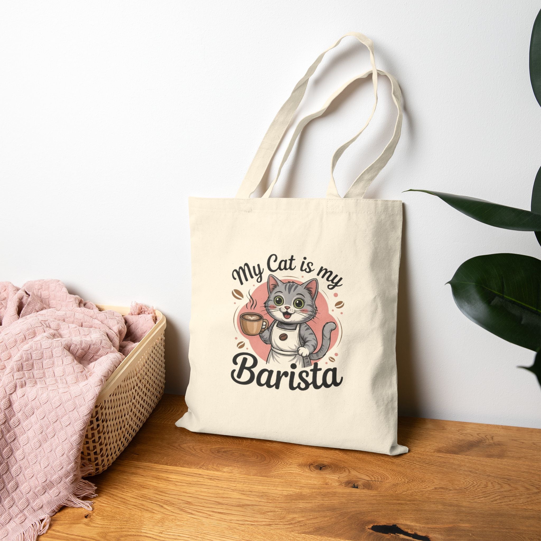 Canvas Tote — "My Cat Is My Barista" Cute Cat Coffee Tote Bag