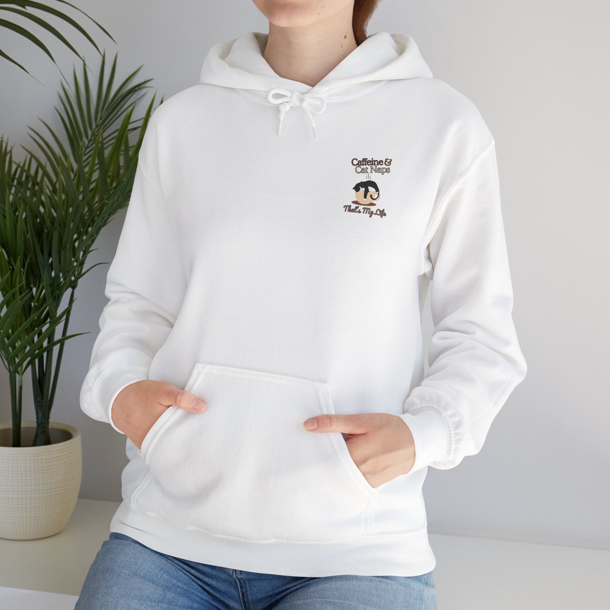 Caffeine & Cat Naps Hoodie — "Caffeine and Cat Naps, That's My Life." Cozy Cat Lover Sweatshirt