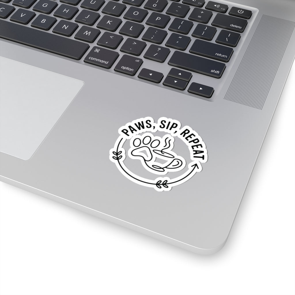 Paws Sip Repeat Sticker — Cute Pet & Coffee Vinyl Kiss-Cut Sticker