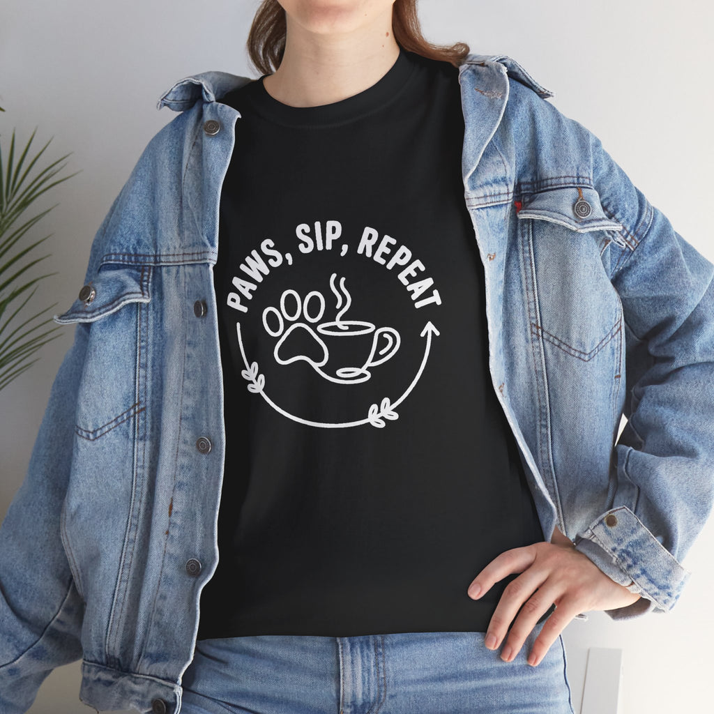 Paws, Sip, Repeat Unisex Tee - Gift for Cat Lovers and Coffee Enthusiasts