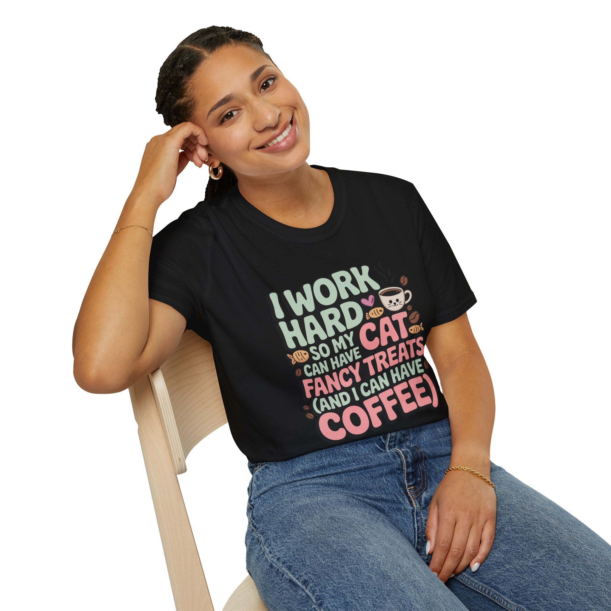 Cat Mom Coffee Tee — “I work hard so my cat can have fancy treats” T-Shirt